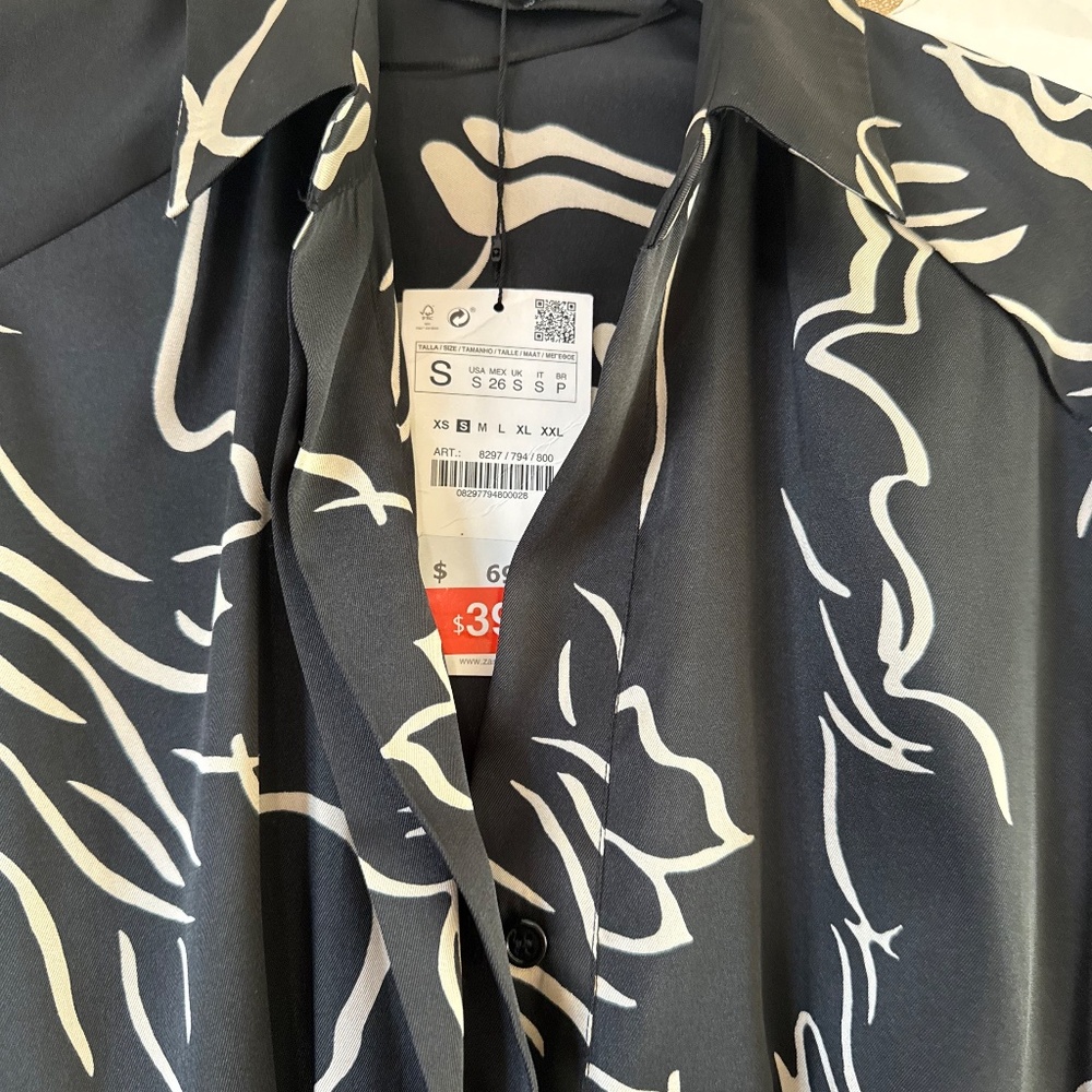 ZARA Black Abstract Print Shirt Dress – Long Sleeve Tie Waist Mini - Picture 7 of 7